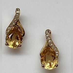 10K Yellow Gold Natural Citrine and 0.10ct Diamond Pave Stud Earrings New